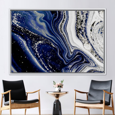 Abstract Navy Blue and Silver Shimmer Alcohol Ink Art on Contemporary Canvas Wall Decor