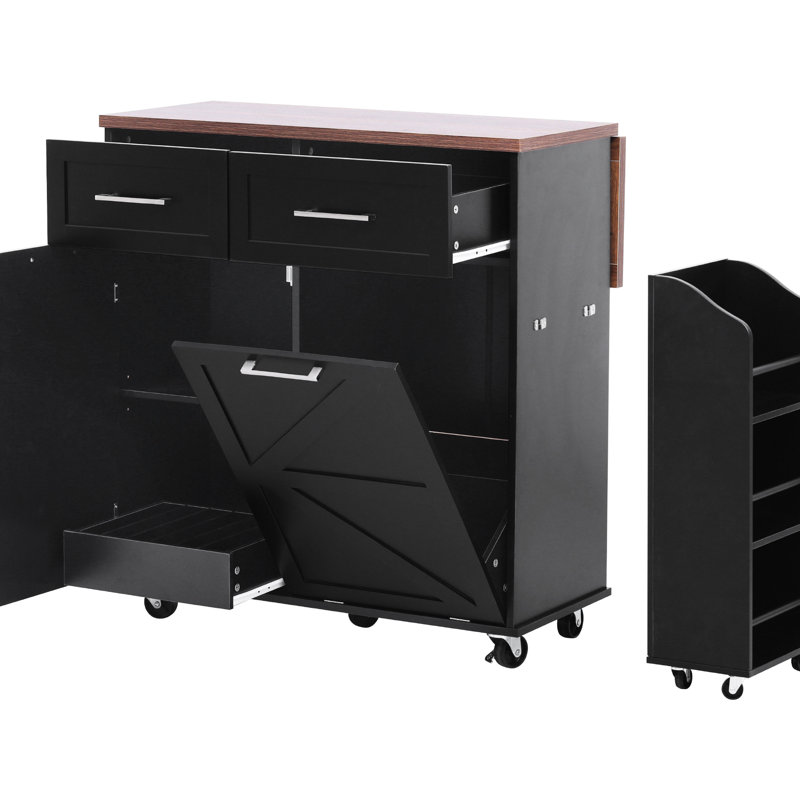 Kitchen Island With Drop Leaf, 2 Deep Drawers, Storage Cabinets, And 3 Shelf For Dining Room Island, Pot, Black