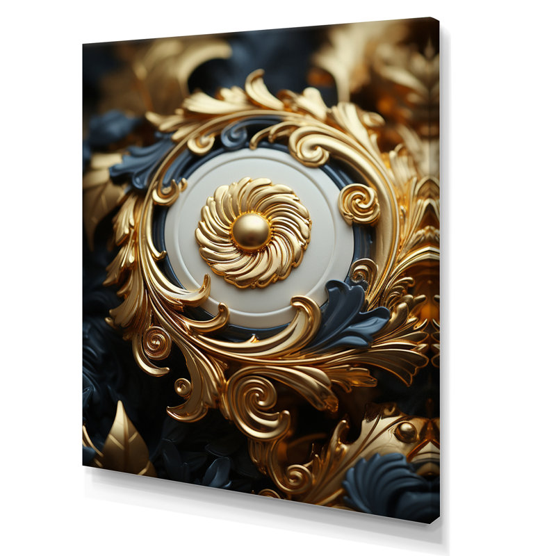 Motif d'ornement doré sur fond noir - reproduction sur toile, Toile tendue, H 40 po x l 30 po x P 1,5 po