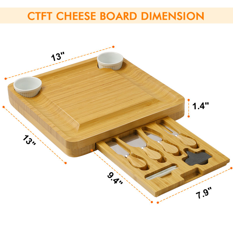 Bamboo Cheese Board Set with Hidden Knife Tray, Soapstone Chalk, and Serving Moat