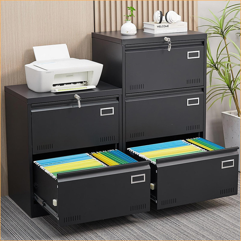 Cabinets: 2-Drawer Metal Lateral File Cabinet with Lock for Home Office, Legal/Letter/A4 Storage | Black | Metal, Black