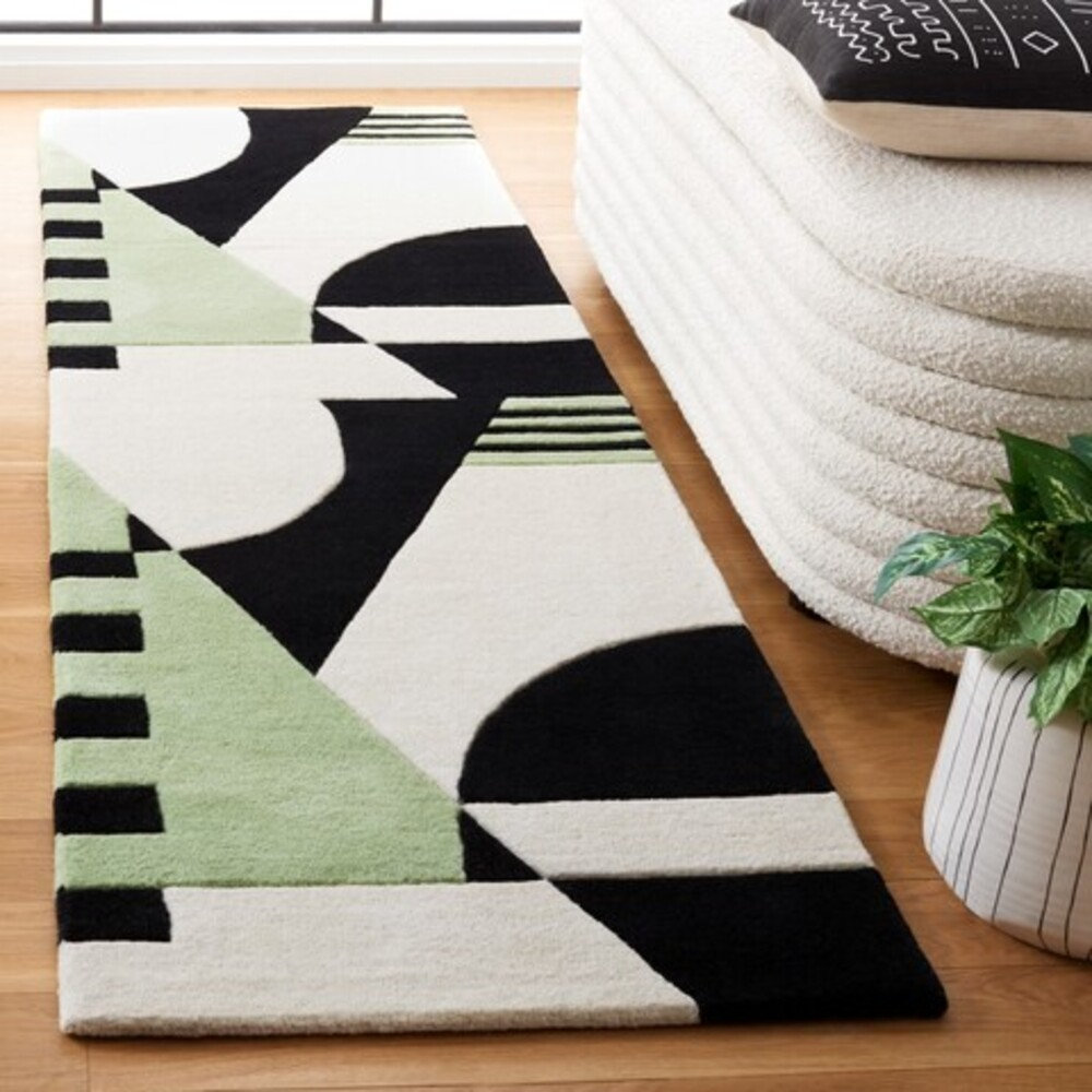 Hina Black Green Hand-Woven Rug, Runner 2'3" x 8'