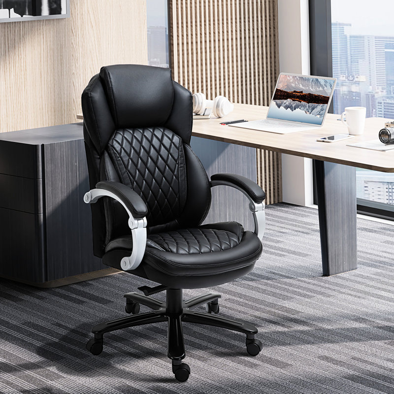 Fauteuil de bureau en noir pour grand et grand, avec hauteur réglable, siège pivotant à haut dossier pivotant et coutures en losange, noir, 360 °