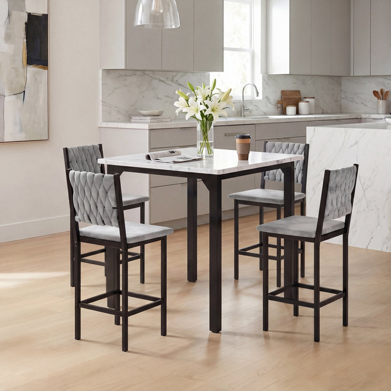 5-piece Square Dining Table Set, Mid-century Modern Kitchen Table Furniture For Dining Room, Dinette, Compact Space-saving With Particle Board Tabletop, 4 Velvet Upholstered Chairs, Metal Frame