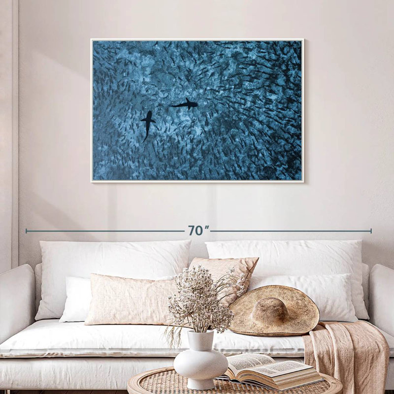 Requins et poissons, Cadre flottant blanc, 43 po x 29 po