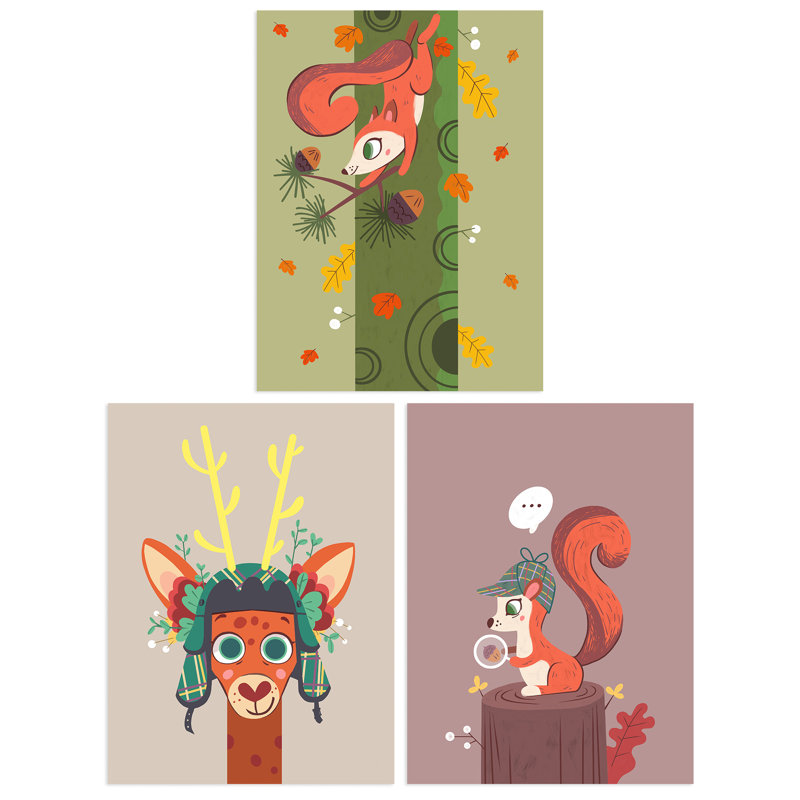 Kids Bedroom Nursery Cute Woodland Creatures Squirrel Deer Pastel Colour - 3 Piece No Frame Print Set