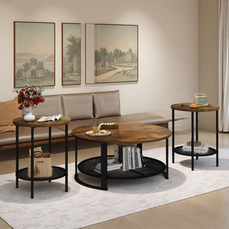 Ensemble de table de salon, de table basse et de table de bout 3 pièces Brinnley, de tables d'appoint industrielles modernes avec tablette de rangement, de 3 tables basses rondes pour la maison d'appartements (ensemble de 3)