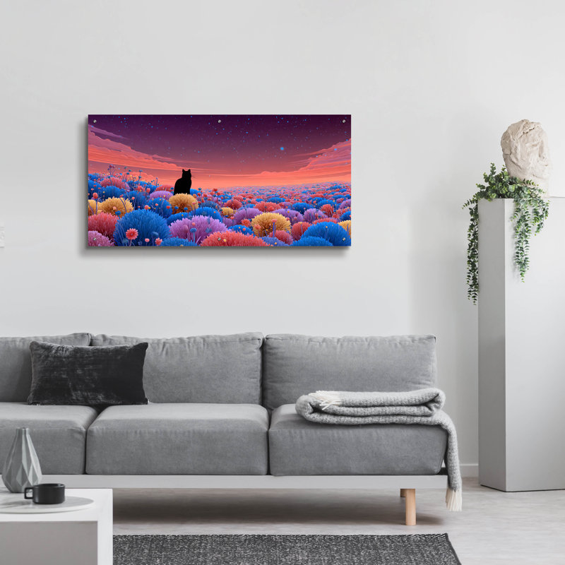 Art mural en verre 48 po x 24 po «Black Cat Meadow 3» par Ann Klee, H 24 po x l 48 po