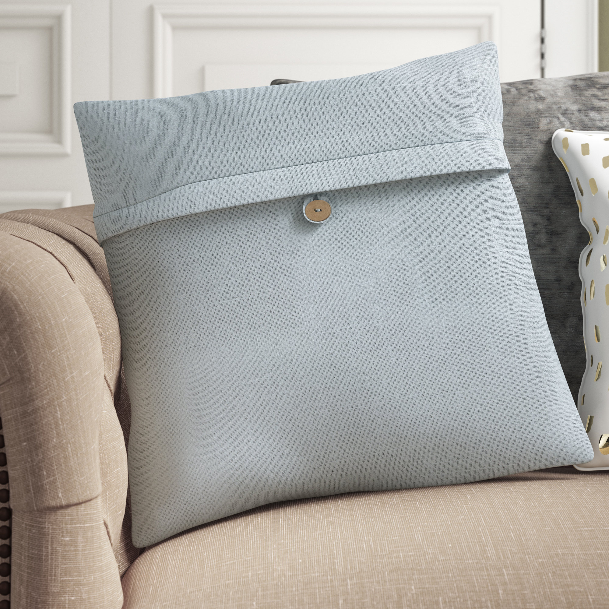 Leigh Buttons Cotton Throw Pillow, Ice Blue, Polyester, 18" x 18"