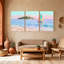 Plage, plage, voilier, île, ciel, eau, sable, vagues, coucher de soleil, ensemble de 3 impressions sur toile-91261579
