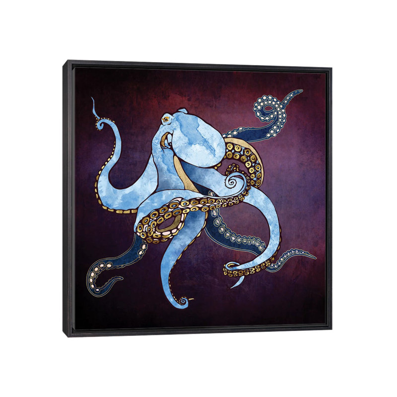 Pieuvre métallique Iii - impression d'art graphique, 26" H x 26" W x 1.5'' D, Pas de tapis, Distressed Black Framed