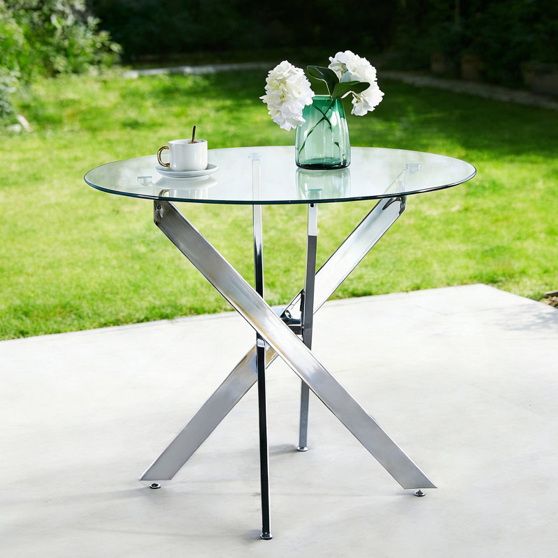 Table de salle à manger ronde, table de salle à manger en verre, carré 90 x 90 x 75 cm, pieds chromés, plateau de table en verre