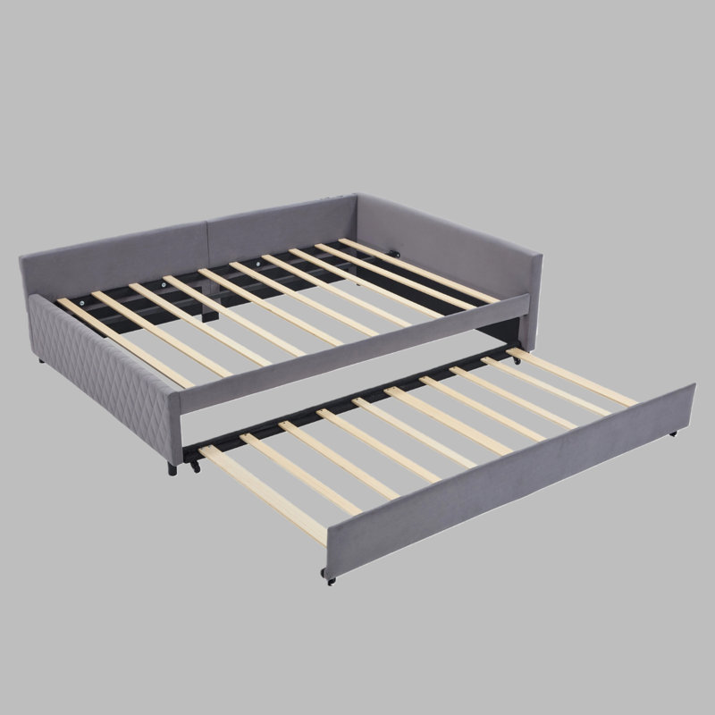 Velvet Upholstered Daybed with Trundle - Modern Diamond Tufted Full Size L-Shaped Sofa Bed for Bedroom & Guest Room, Gray