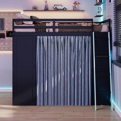 Full Size Wood Loft Bed with,Wardrobe,Shelves,Blackout Curtains,and RGB Lights