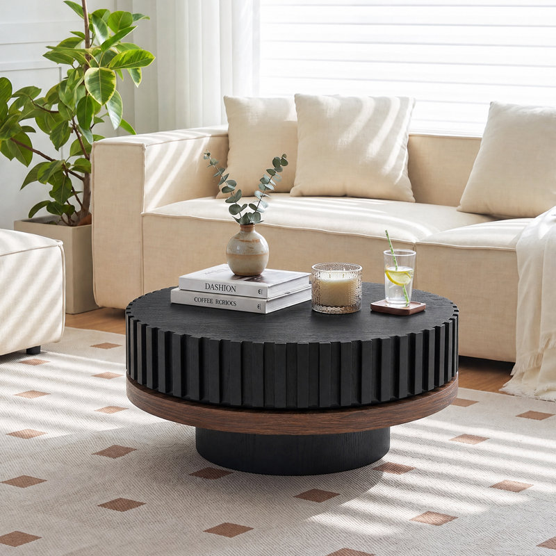 Fluted Drum Round Coffee Table, Wood Veneer Mid-Century Modern Center Table with Black Walnut Accent, Black