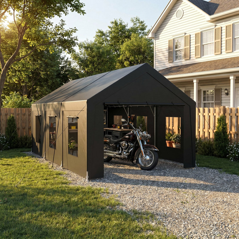 Abri de rangement pour abri de garage portatif robuste l 6 pi x P 20 pi avec 6 fenêtres en filet Vita, Black