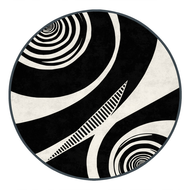 Machine Washable Patterns And Textures Art Deco Geometric Rug in Blue – Black Binding, 8' Round