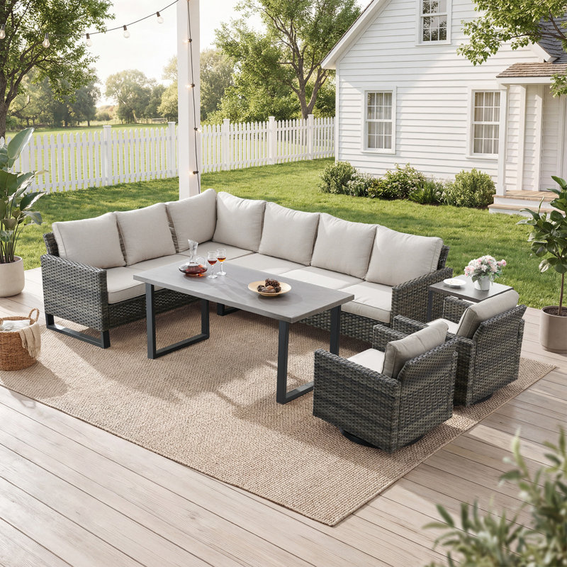 Salome 5-Person All Weather Outdoor Wicker L-Shaped Patio Conversation Set With Swivel Gliders And Side Table, Beige, Gray