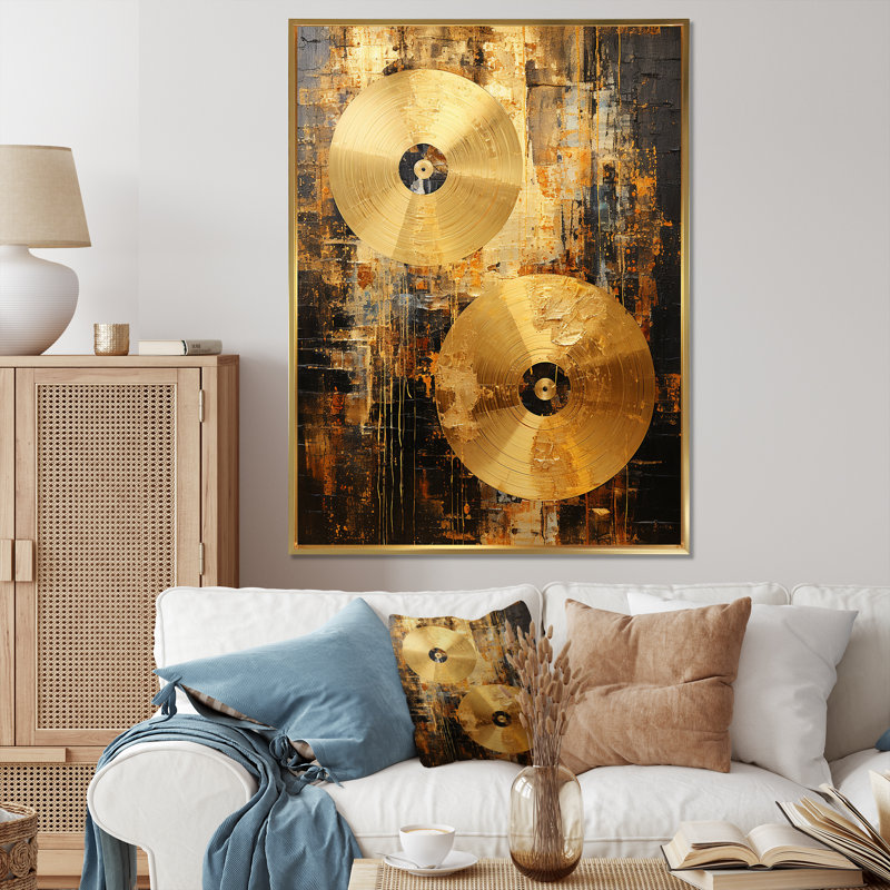 Cymbale symphonie dorée I sur toile, Cadre flottant doré, H 32 po x l 24 po x P 1 po