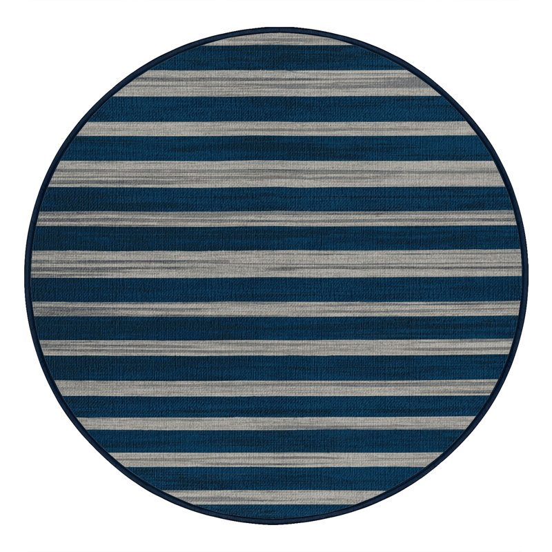Washable Deep Blue Light Gray Striped Area Rug, Round 7'