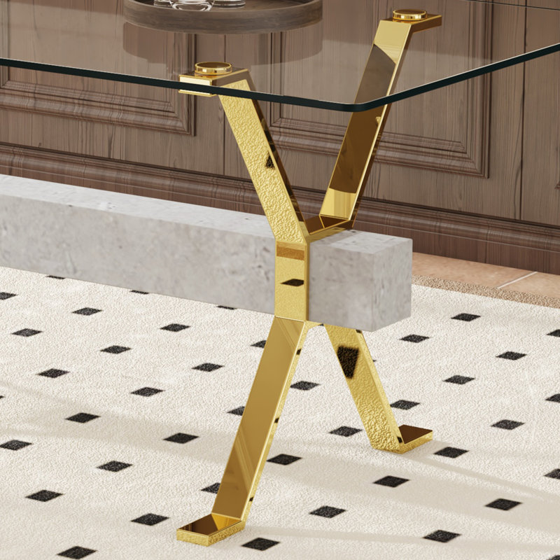Table de salle à manger. Table de salle à manger moderne en verre trempé. Grand grand bureau moderne avec des pieds en métal plaqué or et des barres transversales en bois aggloméré gris, convenant à la fois à la maison et au bureau. Cuisine. 71 po x 35,4 po x 30 po 1105