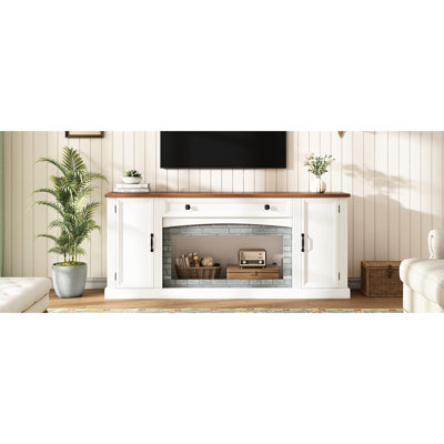 Élégant meuble télé en noyer avec décorations en brique grise, tiroir, tablettes et rangement pour téléviseur de 70 po dans le salon, surface riche, élégante et contemporaine blanche, base, rangement, décoration de pièce,