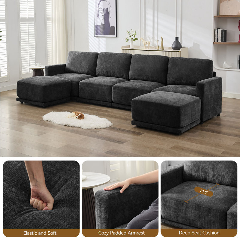 4 - Piece Upholstered Sectional, Black Chenille