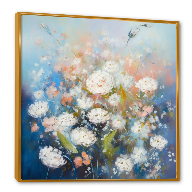Rongstad, œillets bleus et blancs sur toile, H 16 po x l 16 po x P 1 po, Cadre flottant doré