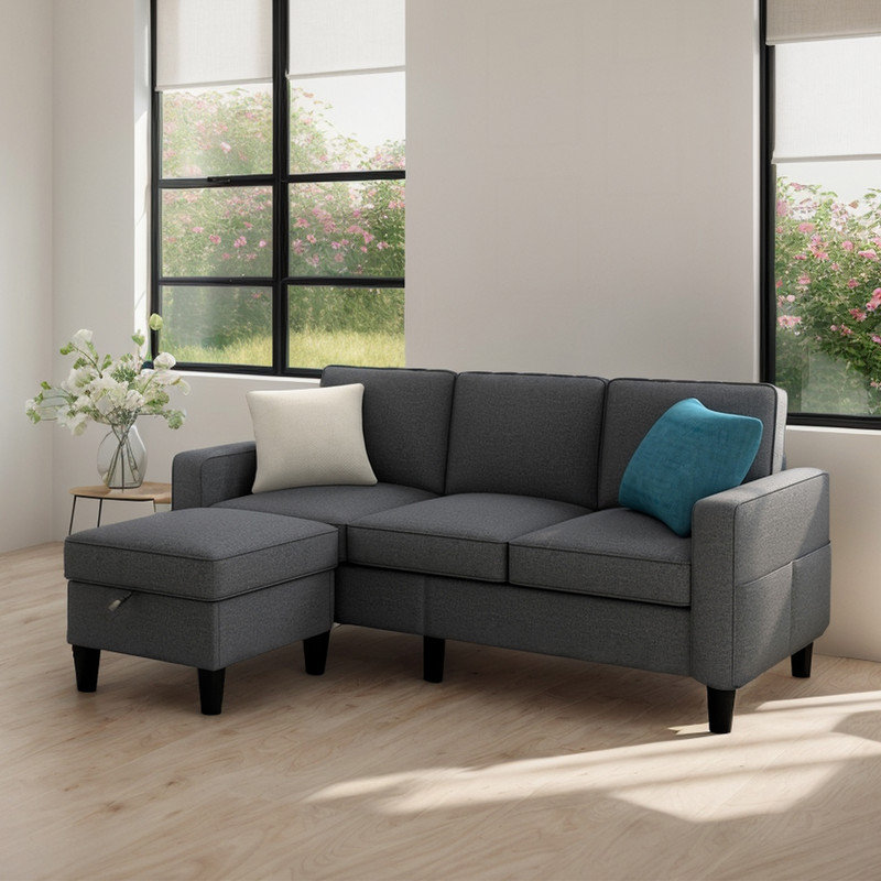 Joella Upholstered L-Shaped Sectional with Ottoman Reversible, Dark Gray