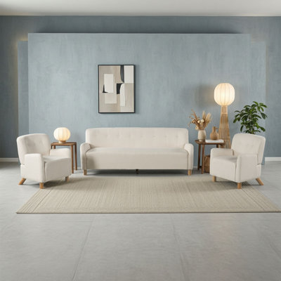 Ensemble de meubles de salon 3 pièces, canapé en lin capitonné et 2 fauteuils d'appoint avec pieds en bois massif