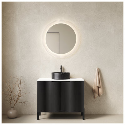 TURIO 30" Bathroom Vanity with Sink, Freestanding Bathroom Storage Cabinet with 2 Doors, Black Round Ceramic Basin with Stone Pattern & Carrara White Sintered Stone Countertop, No Faucet, Black Color