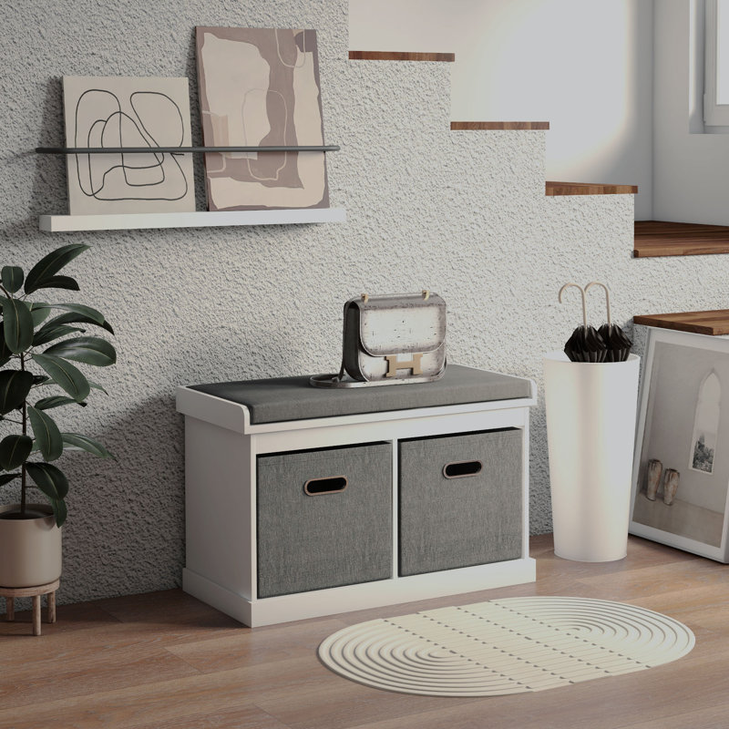 Shoe Bench with Cushion Seat, 2 Fabric Drawers for Entryway Hallway