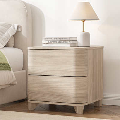 19.6" W 2-Drawer Nightstand with Curved Fronts, Rounded Corners, and Oak Finish