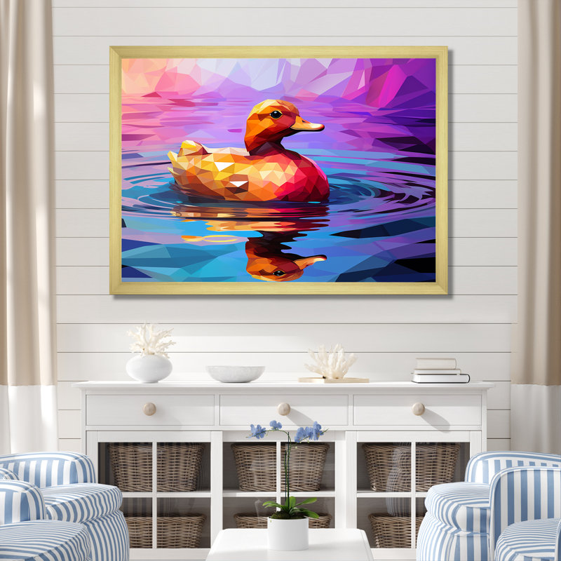 Canard jaune sur un lac mauve - art mural canard, Cadre flottant blanc, H 12 po x l 20 po x P 1 po