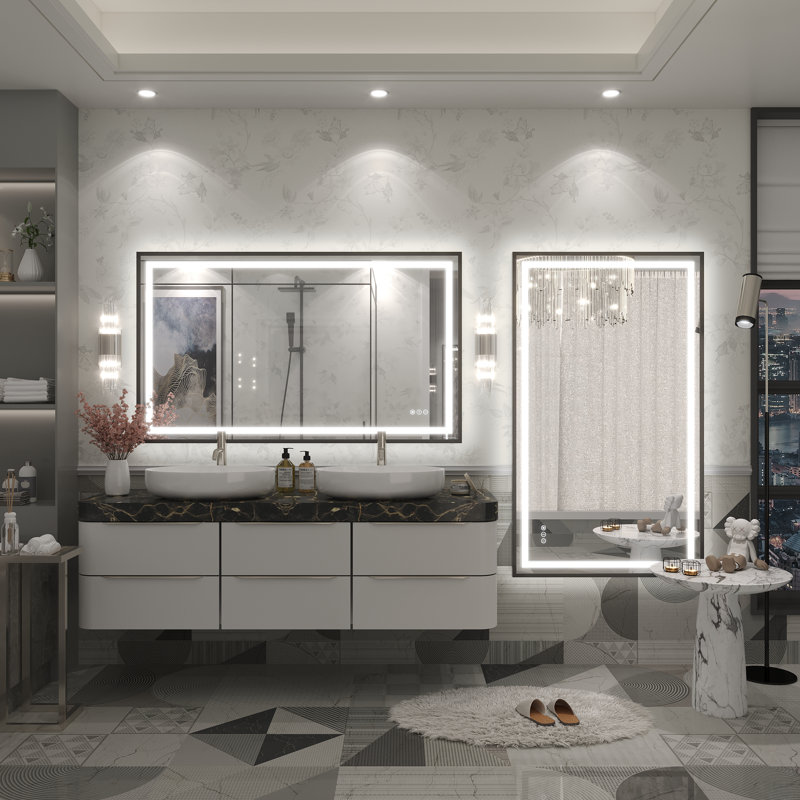 Molly Black Metal Framed LED Front Light and Backlit Anti-Fog Wall Bathroom/ Vanity Mirror, 51" x 30", Black