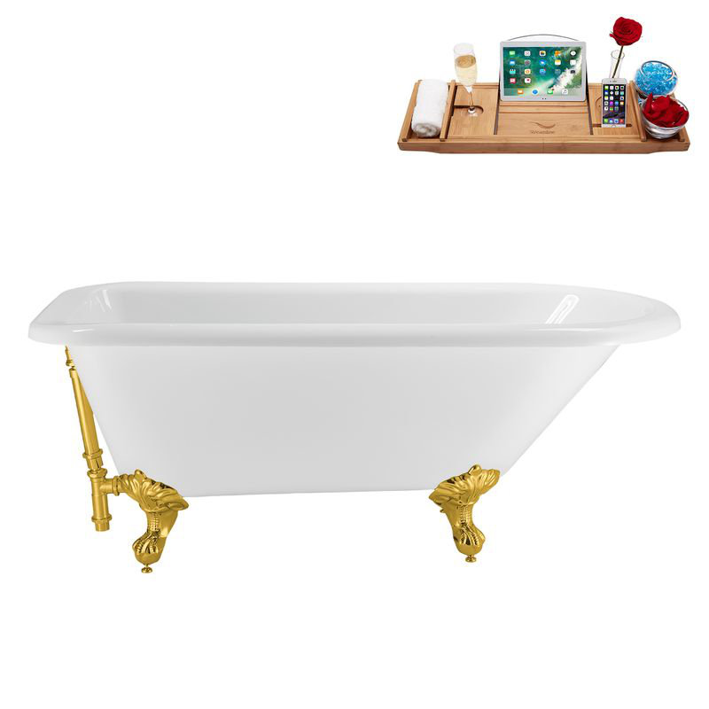 62" Streamline Clawfoot Tub,Tray,Drain, Clawfeet, Polished Gold, Polished Gold