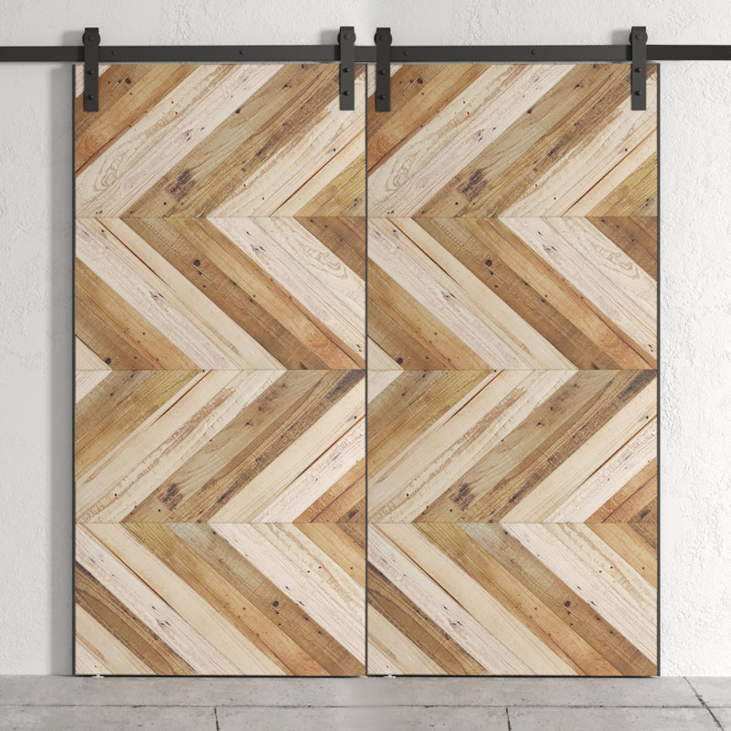 Porte de grange à chevrons à panneaux en bois manufacturé avec ensemble de quincaillerie d'installation, Teinture candi