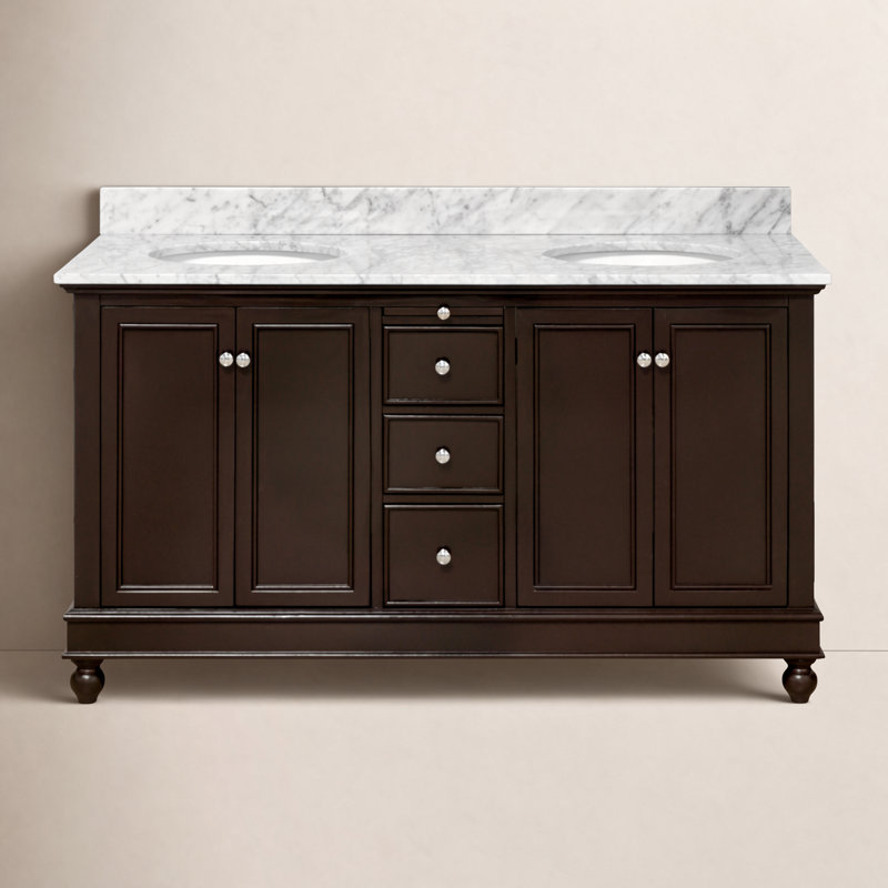 Ensemble de meuble-lavabo double 60 po Ferdinand, Chocolat, Marbre de Carrare