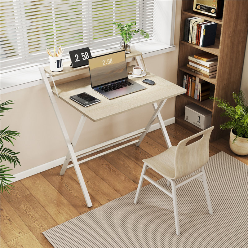 2-Tier Foldable Computer Desk, Light Natural/White, 90cm. H x 86.5cm. W x 60.5cm. D