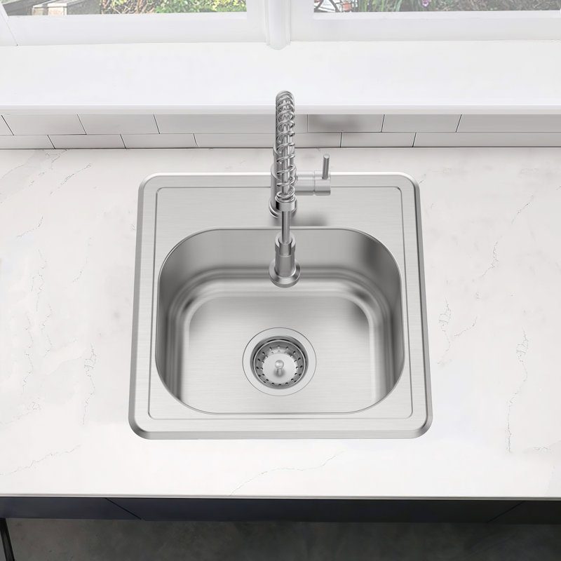 Single Bowl Stainless Steel Kitchen Sink, 6" H x 15" W x 15" D
