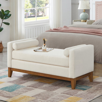 Large Upholstered Boucle Fabric Ottoman With Pillows, Comfort Padded Window Bench For Living Room And Entryway