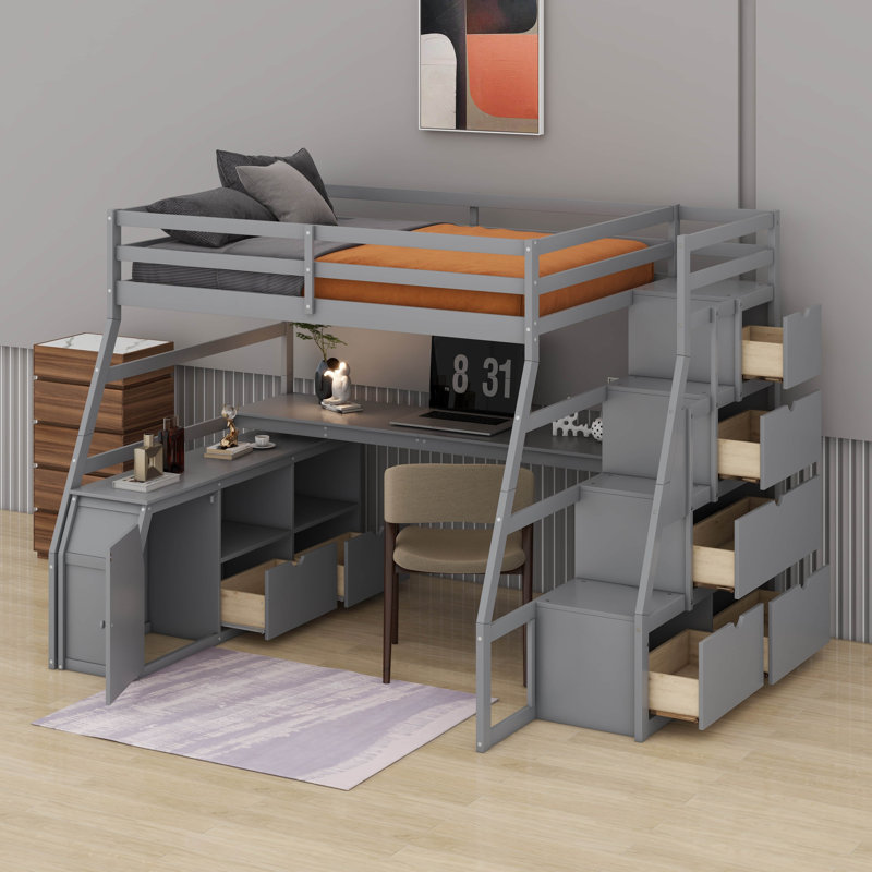Lit mezzanine double avec tiroirs, Gris, Lit double