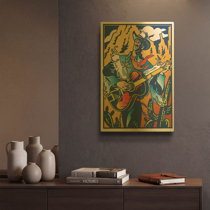 «Singing Cowboy» par David Chestnutt, art mural en métal doré, 12 po x 16 po, 12 po x 16 po