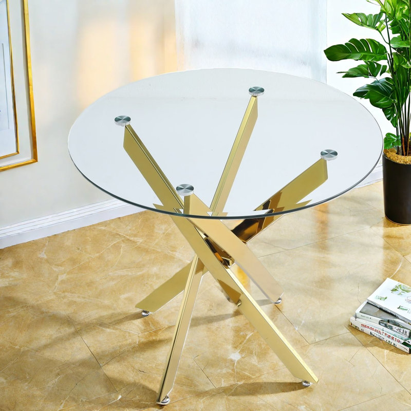Table de salle à manger moderne en verre, structure en métal doré, élégante pour la maison