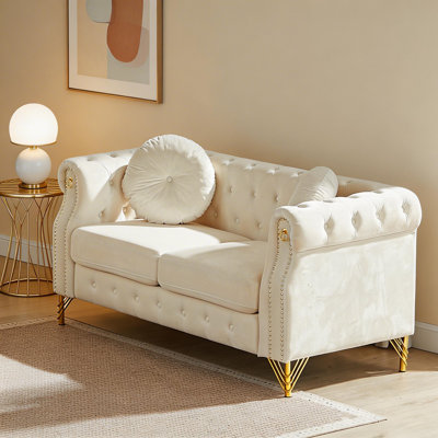 60.5-Inch Velvet Chesterfield Sofa with Tufted Buttons & Copper Studs – Beige 2-Seater with Metal Legs & Charmable Loop Design