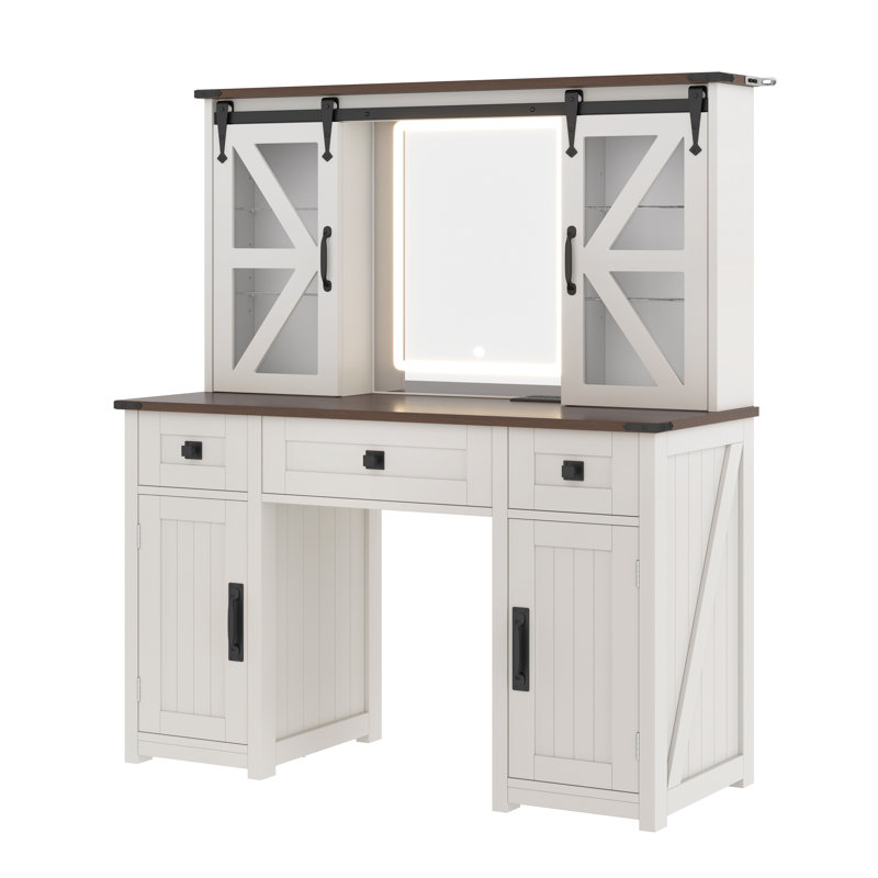 Bureau de coiffeuse avec miroir lumineux et station de charge Farmhouse