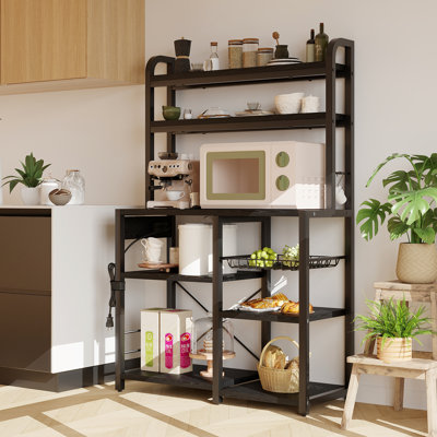 Support à micro-ondes à 6 niveaux avec prises de courant, étagère de boulanger industrielle avec panier en métal, tablette de rangement polyvalente pour café et salle à manger, noir