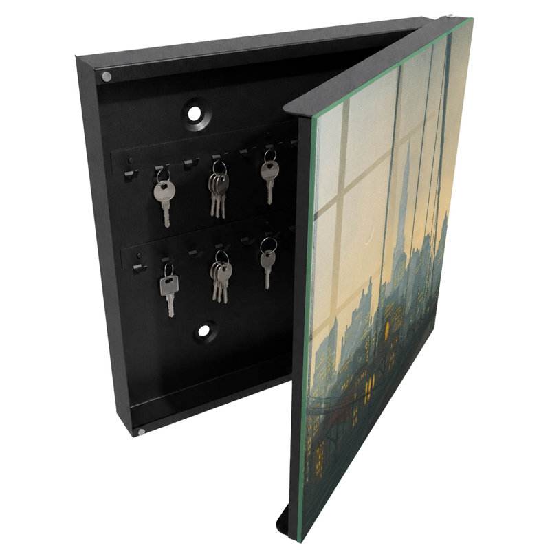 Key box for wall, Opens to the left, 30x30x5, Black, Nostalgic panorama of the city with a bridge, 