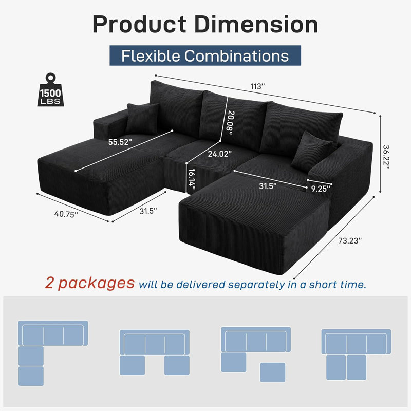 Boneless 113''Free Combination Sectional-No Assembly Required Sofa, 3 Seat Sleeper Sofa Bed Couches, Black Corduroy