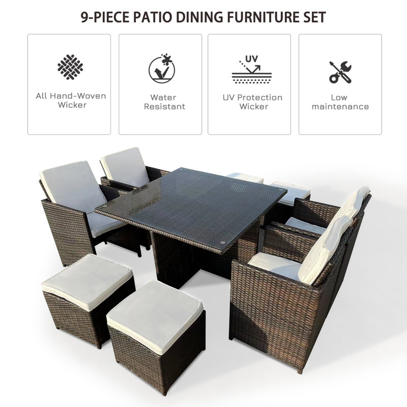 Cateisha 8 - Person Patio Dining Set Square Table with Cushions Included, Brown
